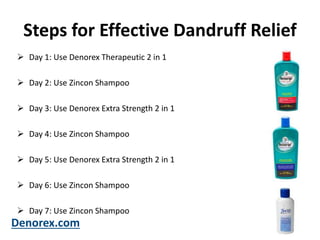 Steps for Effective Dandruff Relief
 Day 1: Use Denorex Therapeutic 2 in 1
 Day 2: Use Zincon Shampoo
 Day 3: Use Denorex Extra Strength 2 in 1
 Day 4: Use Zincon Shampoo
 Day 5: Use Denorex Extra Strength 2 in 1
 Day 6: Use Zincon Shampoo
 Day 7: Use Zincon Shampoo
Denorex.com
 