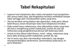 Tabel Rekapitulasi
• Laporan hasil rekapitulasi akan selalu merupakan hasil pengolahan
dari semua tabel yang ada.Pengolahan tersebut melibatkan banyak
tabel sehingga akan membutuhkan waktu yang lama.
• Jika hal tersebut sering diakses dan diperlukan, maka perlu dibuat
tabel khusus untuk menyimpan data hasil rekapitulasi tersebut.
• Pada contoh kasus sebelumnya, akan dibutuhkan waktu yang lama
jika harus menghitung jumlah matakuliah, jumlah sks dan ipk
mahasiswa yang pengolahannya berasal dari beberapa tabel.
• Untuk itu bisa dibuat tabel khusus, misal : rekap_mahasiswa yang
berisi data tentang jumlah matakuliah, jumlah sks, ipk.
• Hal ini tentu saja akan menimbulkan redundansi, tapi dengan
mempertimbangkan performansi, Denormalisasi pada kasus ini
perlu dilakukan.
•
 