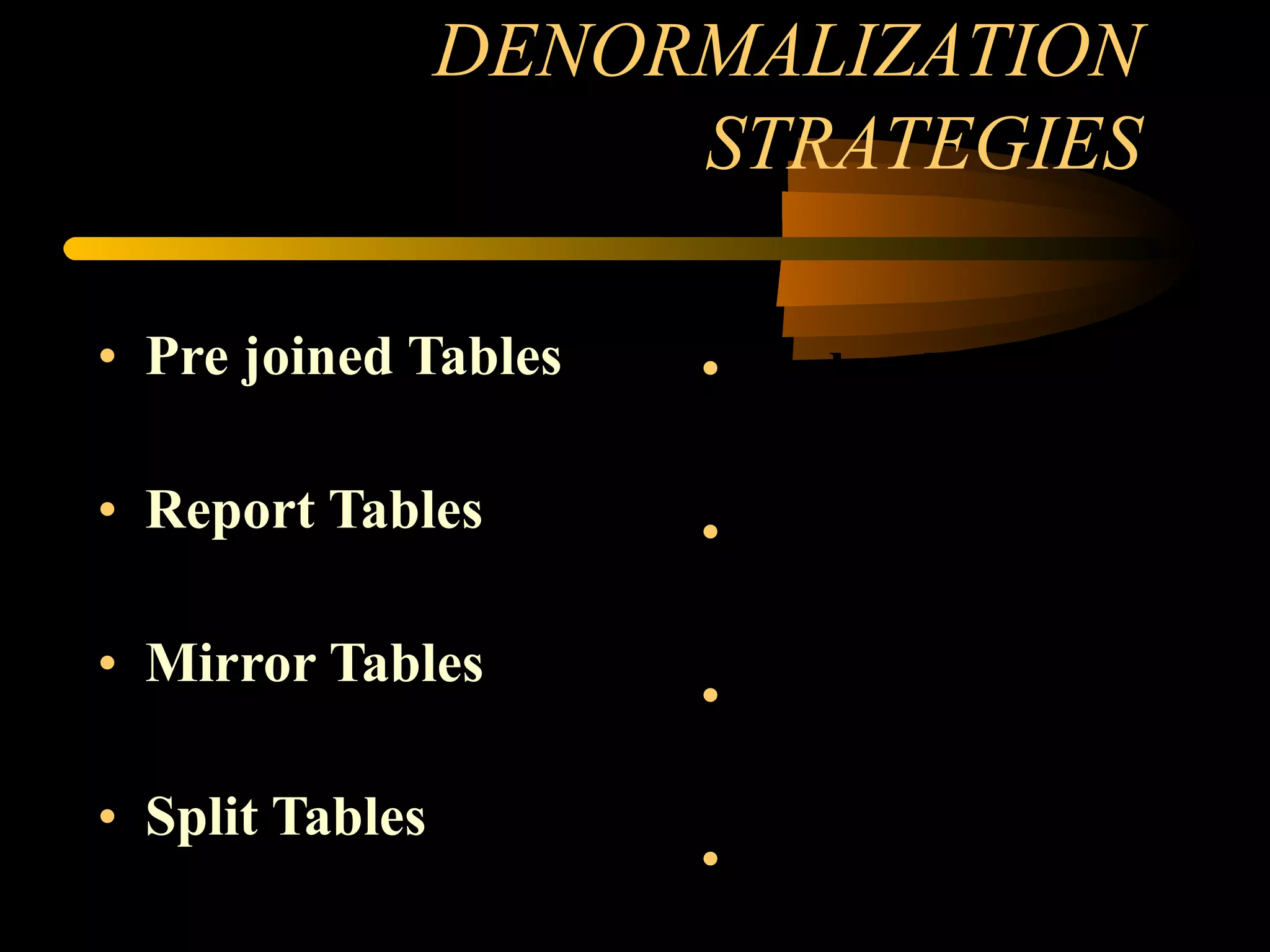 Pre joined Tables Report Tables Mirror Tables Split Tables DENORMALIZATION STRATEGIES Redundant Data Repeating Groups Derivable Data Speed Tables 