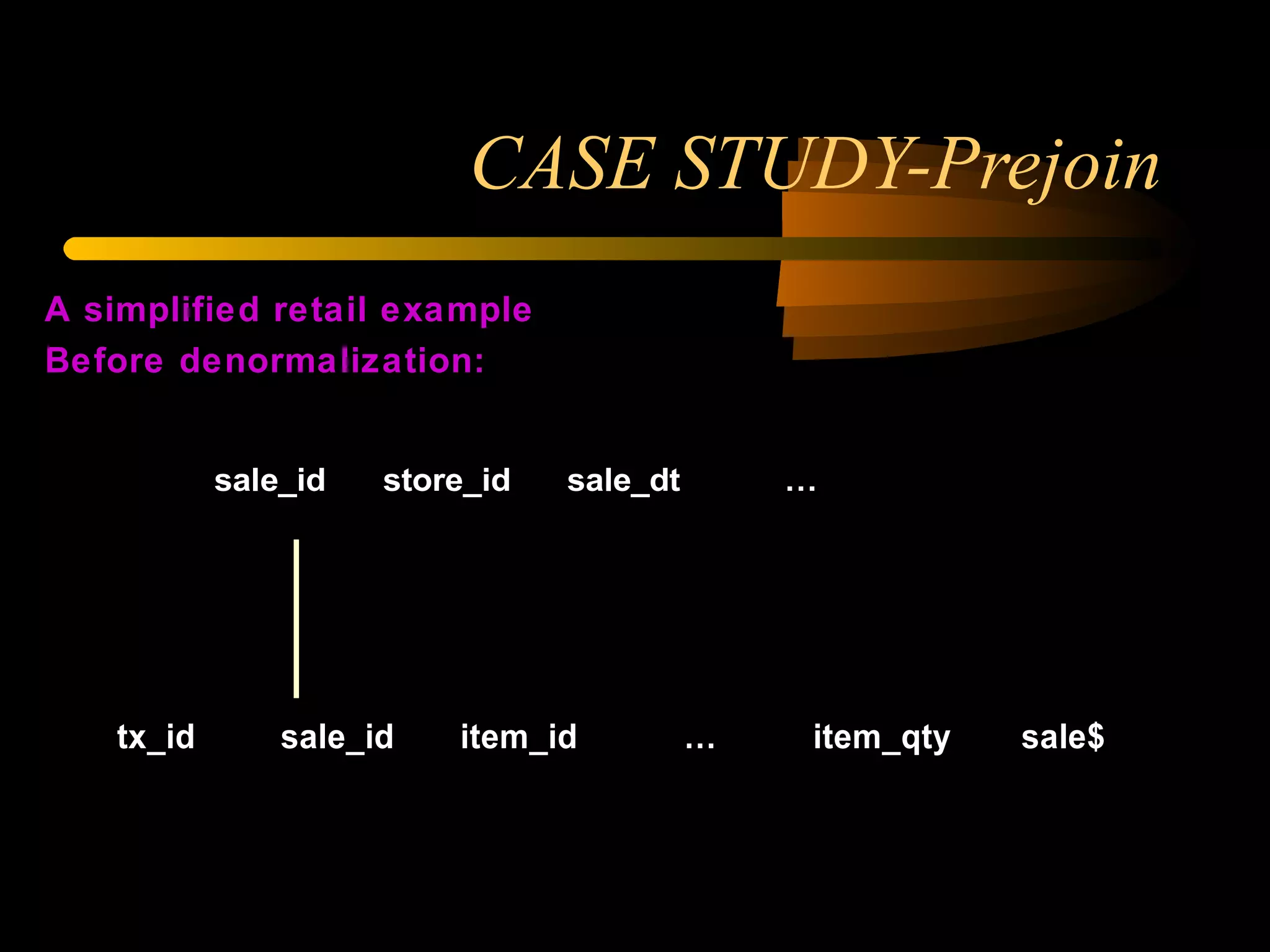 CASE STUDY-Prejoin A simplified retail example Before denormalization: 1 M SALES SALES_DETAIL 