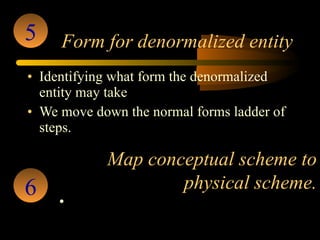 Form for denormalized entity Identifying what form the denormalized entity may take  We move down the normal forms ladder of steps. 5 Map conceptual scheme to physical scheme. Once the scheme is   tested and verified it is implemented. 6 