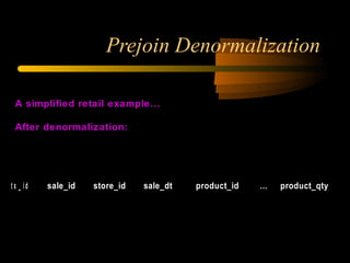 Prejoin Denormalization A simplified retail example... After denormalization: SALES_AND_DETAILS 