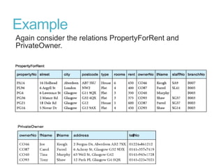 Example
Again consider the relations PropertyForRent and
PrivateOwner.
 