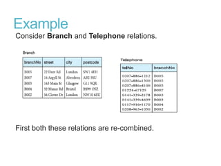 Example
Consider Branch and Telephone relations.
First both these relations are re-combined.
 