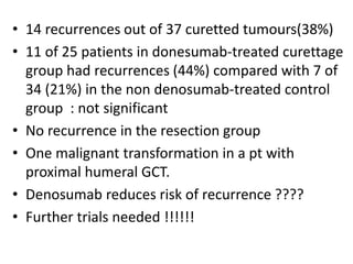 • 14 recurrences out of 37 curetted tumours(38%)
• 11 of 25 patients in donesumab-treated curettage
group had recurrences (44%) compared with 7 of
34 (21%) in the non denosumab-treated control
group : not significant
• No recurrence in the resection group
• One malignant transformation in a pt with
proximal humeral GCT.
• Denosumab reduces risk of recurrence ????
• Further trials needed !!!!!!
 