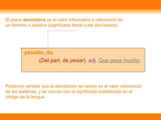 El plano denotativo es el valor informativo o referencial de
un término o palabra (significado literal o del diccionario)
pesado, da.
(Del part. de pesar). adj. Que pesa mucho.
Podemos señalar que la denotación se centra en el valor referencial
de las palabras, y se vincula con el significado establecido en el
código de la lengua.
 
