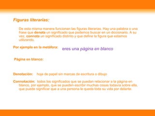 Figuras literarias:
De esta misma manera funcionan las figuras literarias. Hay una palabra o una
frase que denota un significado que podemos buscar en un diccionario. A su
vez, connota un significado distinto y que define la figura que estamos
utilizando.
Por ejemplo en la metáfora:
Página en blanco:
Denotación: hoja de papel sin marcas de escritura o dibujo
Connotación: todos los significados que se puedan relacionar a la página en
blanco, por ejemplo, que se pueden escribir muchas cosas todavía sobre ella,
que puede significar que a una persona le queda toda su vida por delante.
eres una página en blanco
 