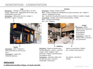 DENOTATION - CONNOTATION
                            Logo                                                                    Couleurs
 Dénotation – « Orange » en réserve blanc sur carré          Dénotation - Orange : Couleur chaude.
 orange, aligné en bas. Typographie bas de casse, sans       Blanc : Couleur résultant du mélange des 3 couleurs primaires. Sol + mobilier +
 empattement et sans sérif,                                  rideaux + Typographie du logo.
 Connotation – Métonymie du mot « orange » +                 Noir : résulte de l’annulation de toutes les couleurs. Plafond + mobilier + façade.
 discrètion + rigueur + sécurité.                            Connotation - Orange: couleur de la communication + vitalité.
                                                             Blanc : pureté et technologie.
                                                             Noir : chic + élégance..

                                                                                                                                   Produit
                                                                                                                        Dénotation - Offres
                                                                                                                        réparties dans l’espace par
                                                                                                                        petite quantité
                                                                                                                        accompagnées
                                                                                                                        d’information.
                                                                                                                        Connotation - notion de
                                                                                                                        relative rareté = précieux +
                                                                                                                        pas ostentatoire.



                                                                                       Ambiance
                Façade
  Dénotation - noire + moulures +                        Dénotation - Espace au premier plan :        Espace au second plan : Plafond
  offres présentées en vitrines sous                     Lumière présente + « pouf » = sorte de       bas + lumière moins présente.
  verre.                                                 canapé + table + étagère + télé +
  Connotation – aspect chic,                             présentoir + rideaux + grande hauteur
  recherché, précieux.                                   sous plafond + bois.
                                                         Connotation - Impression d’être chez         Lieu d’achat = sécurité et
                                                         soi, dans son salon = sécurité +             intimité.
                                                         confortable + fonctionnel.
IDÉOLOGIE
La télécommunication chique, en toute sécurité.
                                                                                                                      Léa de Milleville - DE 1 A
 