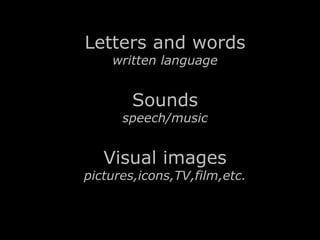 Letters and words 
written language 
Sounds 
speech/music 
Visual images 
pictures,icons,TV,film,etc. 
 