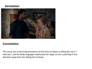 Denotation
Connotation
This scene has a literal representation of the lyrics as Taylor is telling the man “I
hate you” and the body language emphasizes her anger as she is pointing in the
direction away from her telling him to leave.
 