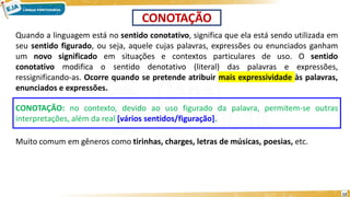 12
CONOTAÇÃO
CONOTAÇÃO: no contexto, devido ao uso figurado da palavra, permitem-se outras
interpretações, além da real [vários sentidos/figuração].
Quando a linguagem está no sentido conotativo, significa que ela está sendo utilizada em
seu sentido figurado, ou seja, aquele cujas palavras, expressões ou enunciados ganham
um novo significado em situações e contextos particulares de uso. O sentido
conotativo modifica o sentido denotativo (literal) das palavras e expressões,
ressignificando-as. Ocorre quando se pretende atribuir mais expressividade às palavras,
enunciados e expressões.
Muito comum em gêneros como tirinhas, charges, letras de músicas, poesias, etc.
 