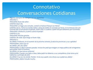 Connotativo 
Conversaciones Cotidianas 
Algunos ejemplos de diálogos son los siguientes: 
DIÁLOGO 1: 
PASAJERO: Buen día señor. 
CHOFER: Buen día. 
PASAJERO: Le hago una consulta. ¿Usted va hasta el Parque Las Heras? 
CHOFER: Así es. Tomo la avenida Callao y después doblo en avenida Las Heras. En la intersección con 
Coronel Díaz se encuentra el parque, serán unas 12 cuadras a partir de que doblamos por la avenida. 
PASAJERO: ¡Perfecto! ¿Cuánto cuesta el pasaje? 
CHOFER $1,20. 
PASAJERO: Muchas gracias. 
CHOFER: De nada. Que tenga un buen viaje. 
DIÁLOGO 2: 
ALUMNO: Profesora, en el examen de la próxima semana ¿Evalúa las provincias y sus capitales? 
PROFESORA: ¡Claro que sí! 
ALUMNO: ¡Ah! ¡No sabía! 
PROFESORA: Lo dije la semana pasada. Incluso les pedí que traigan un mapa político de la Argentina 
para poder hacer el examen. 
ALUMNO: ¡Es que estuve enfermo! 
PROFESORA: Cuando uno falta a clase, debe pedir los deberes a sus compañeros ¡Este tema ya lo 
hablamos a principio de año! 
ALUMNO: Si ya sé, me olvidé. Perdón. Ya le voy a pedir a los chicos sus cuadernos ¡Adiós! 
PROFESORA: ¡Adiós! Estudie mucho. 
 