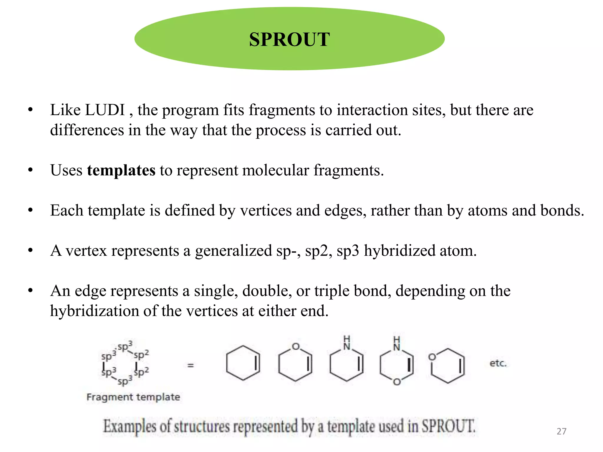 SPROUT
• Like LUDI , the program fits fragments to interaction sites, but there are
differences in the way that the process is carried out.
• Uses templates to represent molecular fragments.
• Each template is defined by vertices and edges, rather than by atoms and bonds.
• A vertex represents a generalized sp-, sp2, sp3 hybridized atom.
• An edge represents a single, double, or triple bond, depending on the
hybridization of the vertices at either end.
27
 