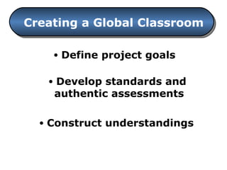 Creating a Global Classroom Define project goals Develop standards and  authentic assessments Construct understandings 