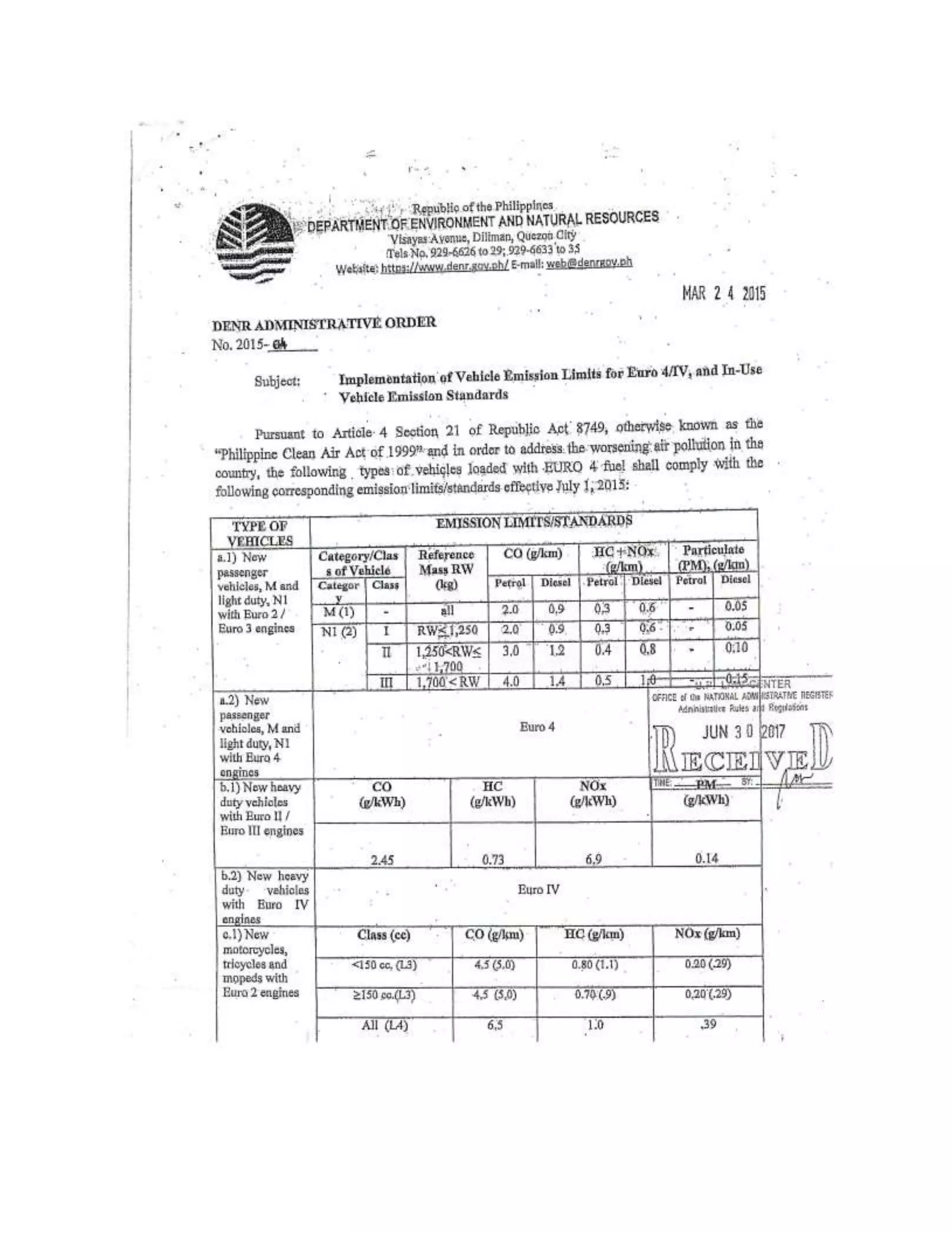 Denr administrative order no. 2015 04 implementation of vehicle