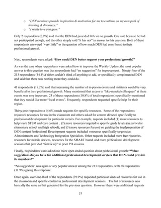 o “DEN members provide inspiration & motivation for me to continue on my own path of
         learning & discovery.”
       o “I really love you guys.”

Only 2 respondents (0.9%) said that the DEN had provided little or no growth. One said because he had
not participated enough, and the other simply said “it has not” in answer to this question. Both of these
respondents answered “very little” to the question of how much DEN had contributed to their
professional growth.


Next, respondents were asked: “How could DEN better support your professional growth?”

As was the case when respondents were asked how to improve the Weekly Update, the most popular
answer to this question was that respondents had “no suggestion” for improvement. Ninety-four of the
213 respondents (44.1%) either couldn’t think of anything to add, or specifically complimented DEN
and said that there was nothing more they could do.

41 respondents (19.2%) said that increasing the number of in-person events and institutes would be very
beneficial to their professional growth. Many mentioned that access to “like-minded colleagues” at these
events was very important. 23 of these respondents (10.8% of total respondents) specifically mentioned
that they would like more “local events”. Frequently, respondents requested specific help for their
region.

Thirty-one respondents (14.6%) made requests for specific resources. Some of the respondents
requested resources for use in the classroom and others asked for content directed specifically to
professional development for particular careers. For example, requests included (1) more resources to
help teach STEM and core content , (2) more resources targeted to specific grade levels (in particular
elementary school and high school), and (3) more resources focused on guiding the implementation of
DEN content Professional Development requests included resources specifically targeted at
Administrators and Technology Integration Specialists. Other requests included more free resources,
resources for mobile devices, resources for the SMART board, and more professional development
sessions that provided “follow up” to prior PD sessions.

Finally, respondents were asked one more open ended question about professional growth: “What
suggestions do you have for additional professional development services that DEN could provide
its members?”

“No suggestion” was again a very popular answer among the 213 respondents, with 68 respondents
(31.9%) giving this response.

Once again, over one-third of the respondents (39.9%) requested particular kinds of resources for use in
the classroom and specific content in professional development sessions. The list of resources was
basically the same as that generated for the previous question. However there were additional requests

                                                   27	
  
	
  
 