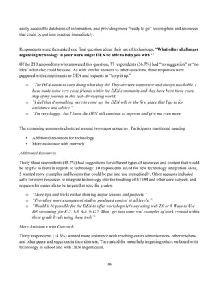 easily accessible databases of information, and providing more “ready to go” lesson plans and resources
that could be put into practice immediately.


Respondents were then asked one final question about their use of technology, “What other challenges
regarding technology in your work might DEN be able to help you with?”

Of the 210 respondents who answered this question, 77 respondents (36.7%) had “no suggestion” or “no
idea” what else could be done. As with similar answers to other questions, these responses were
peppered with compliments to DEN and requests to “keep it up.”

       o “The DEN needs to keep doing what they do! They are very supportive and always reachable. I
         have made some very close friends within the DEN community and they have been there every
         step of my journey in this tech-developing world.”
       o “I feel that if something were to come up, the DEN will be the first place that I go to for
         assistance and advice.”
       o “I'm very happy...but I know the DEN will continue to improve and give me even more


The remaining comments clustered around two major concerns. Participants mentioned needing

       •   Additional resources for technology
       •   More assistance with outreach

Additional Resources

Thirty-three respondents (15.7%) had suggestions for different types of resources and content that would
be helpful to them in regards to technology. 10 respondents asked for new technology integration ideas,
5 wanted more examples and lessons that could be put into use immediately. Other requests included
calls for more resources to integrate technology into the teaching of STEM and other core subjects and
requests for materials to be targeted at specific grades.

       o “More tips and tricks rather than big major lessons and projects.”
       o “Providing more examples of student produced content at all levels.”
       o “Would it be possible for the DEN to offer workshops let's say using web 2.0 or 8 Ways to Use
         DE streaming for K-2, 3-5, 6-8, 9-12? Then, get into some real examples of work created within
         these grade levels using these tools”

More Assistance with Outreach

Thirty respondents (14.3%) wanted more assistance with reaching out to administrators, other teachers,
and other peers and superiors in their districts. They asked for more help in getting others on board with
technology in school and with DEN in particular.


                                                    36	
  
	
  
 