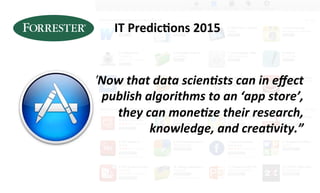 IT 
Predicˆons 
2015 
“Now 
that 
data 
scienXsts 
can 
in 
effect 
publish 
algorithms 
to 
an 
‘app 
store’, 
they 
can 
moneXze 
their 
research, 
knowledge, 
and 
creaXvity.” 
 