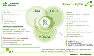 Немного 
о 
Big 
Data 
ВЫСОКАЯ 
СКОРОСТЬ 
БОЛЬШОЙ 
ОБЪЕМ 
ЗНАЧИТЕЛЬНАЯ 
ВАРИАТИВНОСТЬ 
cleverdata.ru 
| 
info@cleverdata.ru 
Web 
логи 
Финансовые 
транзакции 
Социальные 
сети 
Web 
контент 
Машинные 
данные 
Открытые 
данные 
Hadoop 
MPP 
(VerSca, 
Exadata, 
Greenplum, 
Teradata) 
NoSQL 
(Key-­‐Value, 
Document-­‐ 
oriented, 
Column-­‐based, 
Graph-­‐ 
oriented) 
In-­‐memory 
Data 
Grids, 
CalculaSon 
Grids 
Data 
Mining 
Machine 
Learning 
/ 
StaSsScs 
/ 
Natural 
Language 
Processing 
Event-­‐Stream 
Processing 
Creaˆve/Business 
Cases 
Значимость 
данных 
в 
том, 
как 
вы 
анализируете 
и 
применяете 
эти 
данные 
для 
развития 
своего 
бизнеса 
Понимание 
клиента 
и 
его 
поведения 
Информационная 
безопасность 
Управление 
рисками 
Повышение 
операционной 
эффективности 
“Потенциал 
Big 
Data 
раскрывается 
в 
полной 
мере 
при 
взаимодействии 
с 
другими 
данными 
организации.” 
Билл 
Фрэнкс. 
 