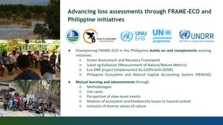 Advancing loss assessments through FRAME-ECO and
Philippine initiatives
● Championing FRAME-ECO in the Philippines builds on and complements existing
initiatives
○ Green Assessment and Recovery Framework
○ Sukat ng Kalikasan (Measurement of Nature/Nature Metrics)
○ Eco-DRR project (Implemented by CCIPH with DENR)
○ Philippine Ecosystem and Natural Capital Accounting System (PENCAS)
● Mutual learning and advancements through
○ Methodologies
○ Use cases
○ Perspective of slow onset events
○ Relation of ecosystem and biodiversity losses to hazard context
○ Inclusion of diverse values of nature
 