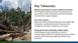 Key Takeaways
Measure what matters and turn evidence into action.
The Philippine experience shows how ecosystem loss
assessments can be translated into recovery priorities
and investment-ready strategies.
Plan across systems.
Alignment with the National Adaptation Plan (NAP), DRR
frameworks, and biodiversity and climate priorities
strengthens coherence, integration, and impact.
Strong government ownership enables scaling.
Sustained government leadership is critical to
institutionalizing GARF and embedding ecosystem-based
recovery within planning, budgeting, and financing
processes.
 