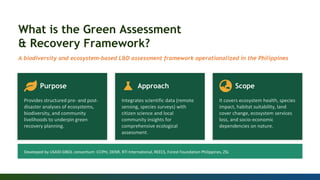 What is the Green Assessment
& Recovery Framework?
A biodiversity and ecosystem-based L&D assessment framework operationalized in the Philippines
Purpose
Provides structured pre- and post-
disaster analyses of ecosystems,
biodiversity, and community
livelihoods to underpin green
recovery planning.
Approach
Integrates scientific data (remote
sensing, species surveys) with
citizen science and local
community insights for
comprehensive ecological
assessment.
Scope
It covers ecosystem health, species
impact, habitat suitability, land
cover change, ecosystem services
loss, and socio-economic
dependencies on nature.
Developed by USAID-SIBOL consortium: CCIPH, DENR, RTI International, REECS, Forest Foundation Philippines, ZSL
 