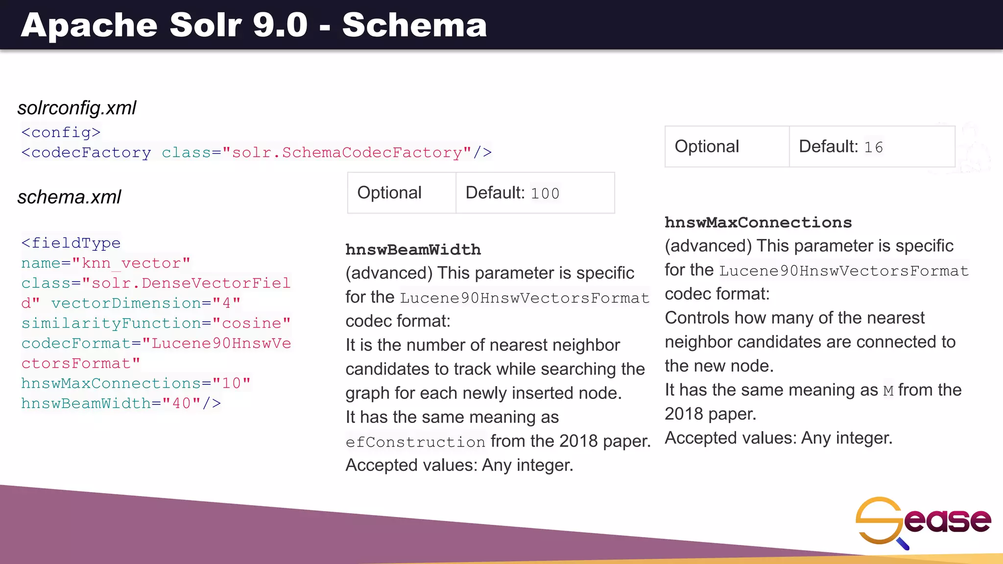 <config>
<codecFactory class="solr.SchemaCodecFactory"/>
<fieldType
name="knn_vector"
class="solr.DenseVectorFiel
d" vectorDimension="4"
similarityFunction="cosine"
codecFormat="Lucene90HnswVe
ctorsFormat"
hnswMaxConnections="10"
hnswBeamWidth="40"/>
solrconfig.xml
schema.xml
Optional Default: 16
hnswMaxConnections
(advanced) This parameter is specific
for the Lucene90HnswVectorsFormat
codec format:
Controls how many of the nearest
neighbor candidates are connected to
the new node.
It has the same meaning as M from the
2018 paper.
Accepted values: Any integer.
Optional Default: 100
hnswBeamWidth
(advanced) This parameter is specific
for the Lucene90HnswVectorsFormat
codec format:
It is the number of nearest neighbor
candidates to track while searching the
graph for each newly inserted node.
It has the same meaning as
efConstruction from the 2018 paper.
Accepted values: Any integer.
Apache Solr 9.0 - Schema
 