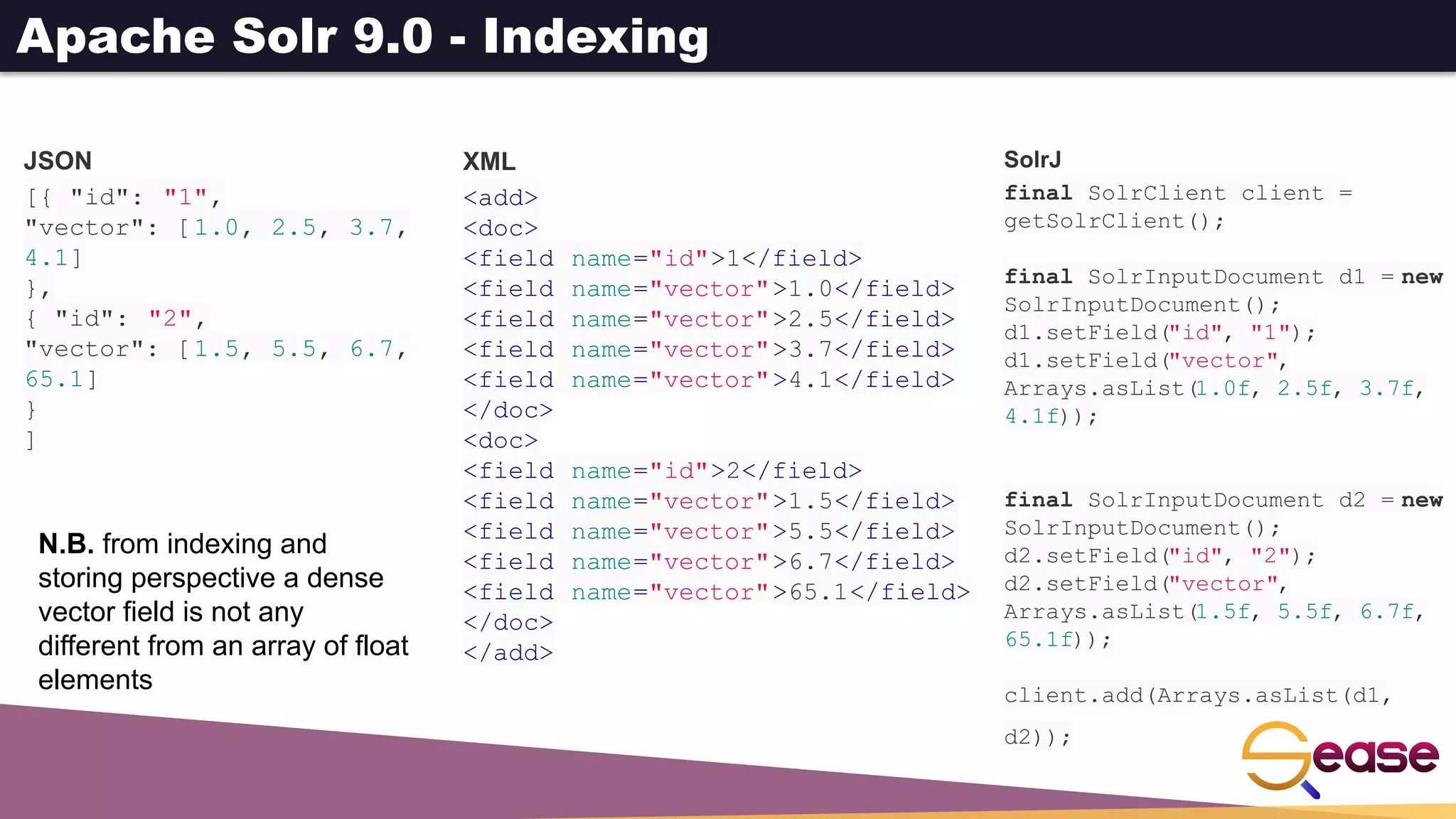 Apache Solr 9.0 - Indexing
JSON
[{ "id": "1",
"vector": [1.0, 2.5, 3.7,
4.1]
},
{ "id": "2",
"vector": [1.5, 5.5, 6.7,
65.1]
}
]
XML
<add>
<doc>
<field name="id">1</field>
<field name="vector">1.0</field>
<field name="vector">2.5</field>
<field name="vector">3.7</field>
<field name="vector">4.1</field>
</doc>
<doc>
<field name="id">2</field>
<field name="vector">1.5</field>
<field name="vector">5.5</field>
<field name="vector">6.7</field>
<field name="vector">65.1</field>
</doc>
</add>
SolrJ
final SolrClient client =
getSolrClient();
final SolrInputDocument d1 = new
SolrInputDocument();
d1.setField("id", "1");
d1.setField("vector",
Arrays.asList(1.0f, 2.5f, 3.7f,
4.1f));
final SolrInputDocument d2 = new
SolrInputDocument();
d2.setField("id", "2");
d2.setField("vector",
Arrays.asList(1.5f, 5.5f, 6.7f,
65.1f));
client.add(Arrays.asList(d1,
d2));
N.B. from indexing and
storing perspective a dense
vector field is not any
different from an array of float
elements
 