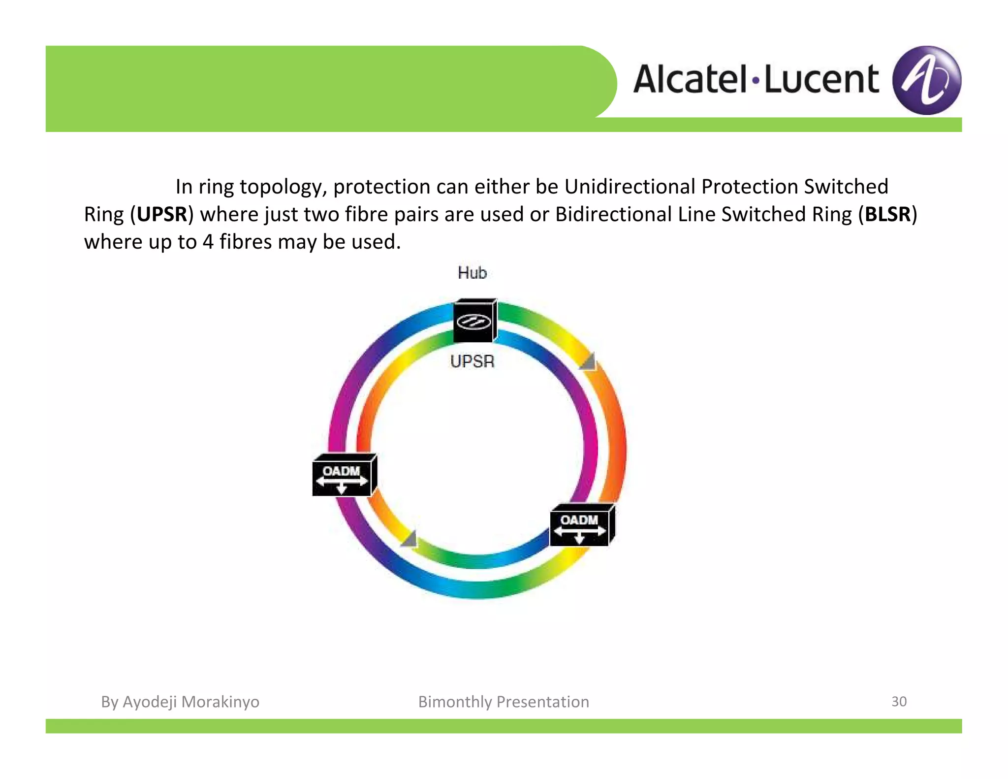 By Ayodeji Morakinyo Bimonthly Presentation 30
In ring topology, protection can either be Unidirectional Protection Switched
Ring (UPSR) where just two fibre pairs are used or Bidirectional Line Switched Ring (BLSR)
where up to 4 fibres may be used.
 