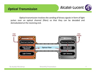 By Ayodeji Morakinyo Bimonthly Presentation 4
Optical Transmission
Optical transmission involves the sending of binary signals in form of light
pulses over an optical channel (fibre) so that they can be decoded and
demodulated at the receiving end.
 