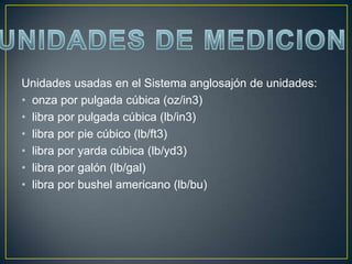 Unidades usadas en el Sistema anglosajón de unidades:
• onza por pulgada cúbica (oz/in3)
• libra por pulgada cúbica (lb/in3)
• libra por pie cúbico (lb/ft3)
• libra por yarda cúbica (lb/yd3)
• libra por galón (lb/gal)
• libra por bushel americano (lb/bu)
 