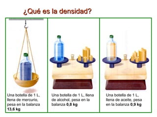¿Qué es la densidad? Una botella de 1 L, llena de mercurio, pesa en la balanza  13,6 kg Una botella de 1 L, llena de alcohol, pesa en la balanza  0,8 kg Una botella de 1 L, llena de aceite, pesa en la balanza  0,9 kg 
