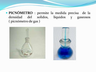  PICNÓMETRO : permite la medida precisa

densidad del solidos,
( picnómetro de gas )

líquidos

y

de la
gaseosos

 