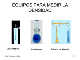 EQUIPOS PARA MEDIR LA DENSIDAD Densímetros Picnómetro Balanza de Westfal 