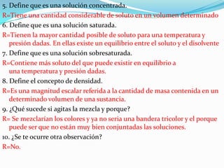 5. Define que es una solución concentrada.
R=Tiene una cantidad considerable de soluto en un volumen determinado
6. Define que es una solución saturada.
R=Tienen la mayor cantidad posible de soluto para una temperatura y
presión dadas. En ellas existe un equilibrio entre el soluto y el disolvente
7. Define que es una solución sobresaturada.
R=Contiene más soluto del que puede existir en equilibrio a
una temperatura y presión dadas.
8. Define el concepto de densidad.
R=Es una magnitud escalar referida a la cantidad de masa contenida en un
determinado volumen de una sustancia.
9. ¿Qué sucede si agitas la mezcla y porque?
R= Se mezclarían los colores y ya no seria una bandera tricolor y el porque
puede ser que no están muy bien conjuntadas las soluciones.
10. ¿Se te ocurre otra observación?
R=No.

 
