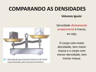 COMPARANDO AS DENSIDADES
Volumes iguais:
Densidade diretamente
proporcional à massa,
ou seja,
O corpo com maior
densidade, tem maior
massa e o corpo com
menor densidade, tem
menor massa.
 