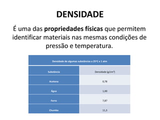 É uma das propriedades físicas que permitem
identificar materiais nas mesmas condições de
pressão e temperatura.
DENSIDADE
Densidade de algumas substâncias a 25oC e 1 atm
Substância Densidade (g/cm3)
Acetona 0,78
Água 1,00
Ferro 7,87
Chumbo 11,3
 