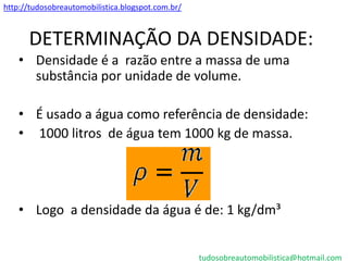 http://tudosobreautomobilistica.blogspot.com.br/



      DETERMINAÇÃO DA DENSIDADE:
    • Densidade é a razão entre a massa de uma
      substância por unidade de volume.

    • É usado a água como referência de densidade:
    • 1000 litros de água tem 1000 kg de massa.




    • Logo a densidade da água é de: 1 kg/dm³


                                                   tudosobreautomobilistica@hotmail.com
 