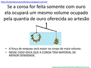 http://tudosobreautomobilistica.blogspot.com.br/

   Se a coroa for feita somente com ouro
  ela ocupará um mesmo volume ocupado
  pela quantia de ouro oferecida ao artesão




    • A força de empuxo será maior no corpo de maio volume.
    • NESSE CASO IDICA QUE A COROA TEM MATERIAL DE
      MENOR DENSIDADE.


                                                   tudosobreautomobilistica@hotmail.com
 