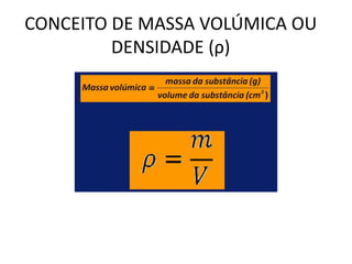 CONCEITO DE MASSA VOLÚMICA OU
         DENSIDADE (ρ)
 