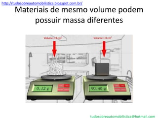 http://tudosobreautomobilistica.blogspot.com.br/
       Materiais de mesmo volume podem
           possuir massa diferentes




                                                   tudosobreautomobilistica@hotmail.com
 
