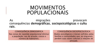 MOVIMENTOS
POPULACIONAIS
As migrações provocam
consequências demográficas, sociopsicológicas e cultu
rais.
CONSEQUÊNCIA DEMOGRÁFICA
Nas zonas de repulsão populacional diminui
a população; nas de atração, cresce o
número de habitantes.
CONSEQUÊNCIA SOCIOPSICOLÓGICA
Abalos psicológicos e morais sofridos pelas
famílias e comunidades que, ao migrarem,
perdem suas raízes culturais e relações de
amizade.
 