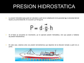  La presión hidrostática (p) puede ser calculada a partir de la multiplicación de la gravedad (g), la densidad (d) del
líquido y la profundidad (h). En ecuación: p = d x g x h.
 Si el fluido se encuentra en movimiento, ya no ejercerá presión hidrostática, sino que pasará a hablarse
de presión hidrodinámica.
 En este caso, estamos ante una presión termodinámica que depende de la dirección tomada a partir de un
punto.
PRESION HIDROSTATICA
 