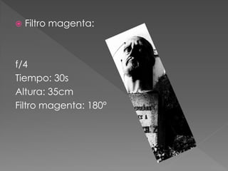  Filtro magenta:
f/4
Tiempo: 30s
Altura: 35cm
Filtro magenta: 180º
 