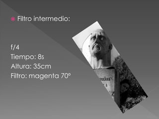  Filtro intermedio:
f/4
Tiempo: 8s
Altura: 35cm
Filtro: magenta 70º
 