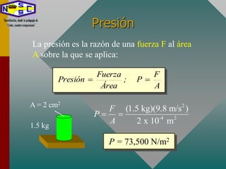Presión
La presión es la razón de una fuerza F al área
A sobre la que se aplica:
A = 2 cm2
1.5 kg
2
-4 2
(1.5 kg)(9.8 m/s )
2 x 10 m
F
P
A
 
P = 73,500 N/m2
A
F
P;
Área
Fuerza
Presión 
 