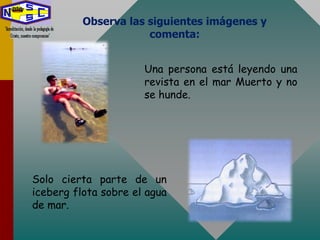 Observa las siguientes imágenes y
comenta:
Una persona está leyendo una
revista en el mar Muerto y no
se hunde.
Solo cierta parte de un
iceberg flota sobre el agua
de mar.
 