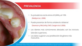 PREVALENCIA
• Su prevalencia oscila entre el 0,04% y el 10%
(Reddy et al., 2008)
• Puede presentar de forma unilateral o bilateral
(Swanson y McCarthy,1947; Canger et al. 2009).
• Los dientes más comúnmente afectados son los incisivos
laterales superiores.
• Los datos sugieren una predilección de género más
masculino.
** Omnell KA, Swanbeck G, Lindahl B. Dens invaginatus. II. Un estudio microradiográfico, histológico y de micro-rayos X de difracción. Acta Odontol Scand 1960; 18:
303-30** Rotstein I, Stabholz A, Heling I, Friedman S. Consideraciones clínicas en el tratamiento de dens invaginatus. Endod Dent Traumatol 1987; 3 (5):
 