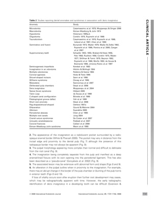 2. The appearance of the invagination as a radiolucent pocket surrounded by a radio-
opaque enamel border (White & Pharoah 2000). The pocket may vary in distance from the
incisal edge and proximity to the dental pulp (Fig. 7) although the presence of this
radiopaque border may not always be apparent (Fig. 8).
3. The pulpal morphology appearing more complex than normal and difﬁcult to delineate
from the root canal (Fig. 9).
4. The invagination being completely separate from the pulp and manifest as a deep
enamel-lined ﬁssure with its own opening into the periodontal ligament. This has also
been described as a ‘pseudo-canal’ (Gonc¸alves et al. 2002) (Fig. 9).
5. The associated lesion may be extensive with abnormal form and shape (Figs 8 and 9).
6. An alteration in the pulpal outline when in proximity to the invagination. For example,
there may an abrupt change in the border of the pulp chamber or blunting of the pulp horns
in anterior teeth (Figs 8 and 10).
If loss of vitality occurs soon after eruption then further root development may cease,
which may be radiographically apparent with time. However, the early radiographic
identiﬁcation of dens invaginatus in a developing tooth can be difﬁcult (Swanson &
Table 2 Studies reporting dental anomalies and syndromes in association with dens invaginatus
Anomaly Study
Microdontia Casamassimo et al. 1978, Mupparapu & Singer 2006
Macrodontia Ekman-Westborg & Julin 1974
Hypodontia Hu¨ lsmann 1995a,b
Oligodontia Conklin 1978, Ruprecht et al. 1986
Taurodontism Casamassimo et al. 1978, Ruprecht et al. 1986,
Ireland et al. 1987, Chen et al. 1990
Gemination and fusion Burzynski 1973, Mader 1979, Mader & Zielke 1982,
Ruprecht et al. 1986, Pereira et al. 2000, Canger
et al. 2007
Supernumerary teeth Schaefer 1953, 1955, Brabant & Klees 1956,
Petz 1956, Rushton 1958, Conklin 1975, Mader
1977, Shifman & Tamir 1979, Beynon 1982,
Ruprecht et al. 1986, Morﬁs 1993, de Sousa &
Bramante 1998, Jimenez-Rubio et al. 1997
Dentinogenesis imperfecta Kerebel et al. 1983
Invagination in an odontome Hitchin & McHugh 1954
Multiple odontomes Robbins & Keene 1964
Coronal agenesis Hicks & Flaitz 1985
Shovel-shaped incisors Saini et al. 1990
Williams syndrome Oncag et al. 1995
Mesiodens Sannomiya et al. 2007
Obliterated pulp chambers Desai et al. 2006
Dens evaginatus Mupparapu et al. 2004
Nance Huran syndrome Hibbert 2005
Talon cusp de Sousa et al. 1999
C-shaped canal conﬁguration Bo´ veda et al. 1999
Palatogingival groove defect Yeh et al. 1999
Short root anomaly Desai et al. 2006
Peg-shaped/shovel-shaped Oehlers 1957a
Dilaceration Gound & Maixner 2004
Albinism Suprabha 2005
Periodontal abscess Chen et al. 1990
Multiple root canals Jung 2004
Cranial suture syndromes De Coster et al. 2007
Unicystic ameloblastoma Paikkatt et al. 2007
Coronal fractures Caldari et al. 2006
Ekman–Westborg–Julin syndrome Mann et al. 1990
CLINICALARTICLE
ª 2008 International Endodontic Journal International Endodontic Journal, 41, 1137–1154, 2008 1141
 