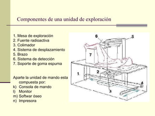 Componentes de una unidad de exploración 1. Mesa de exploración 2. Fuente radioactiva 3. Colimador 4. Sistema de desplazamiento 5. Brazo 6. Sistema de detección 7. Soporte de goma espuma Aparte la unidad de mando esta compuesta por: Consola de mando Monitor Softwar óseo Impresora 